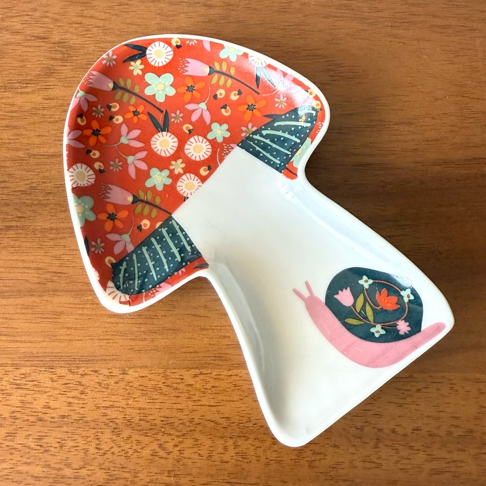 Calico Mushroom Trinket Tray Dish Snail Floral Orange Pink White